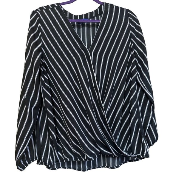 APT. 9 Brand Striped V-Neck Wrap Blouse w/Puff Sleeve Polyester Women's Size L - Picture 1 of 15